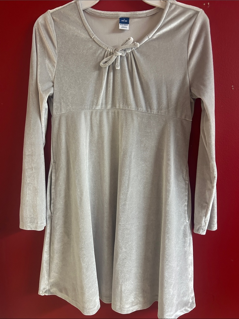 Old Navy Silver Velvet Long Sleeve Dress with Front Tie size 10-13